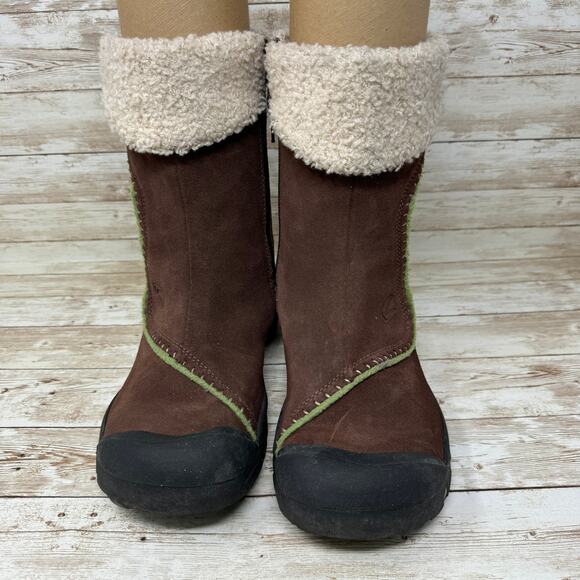 KEEN Dry Potting Soil Brown Suede Sherpa Lined Side Zip Snow Boots Girls Size 6 - Picture 2 of 9